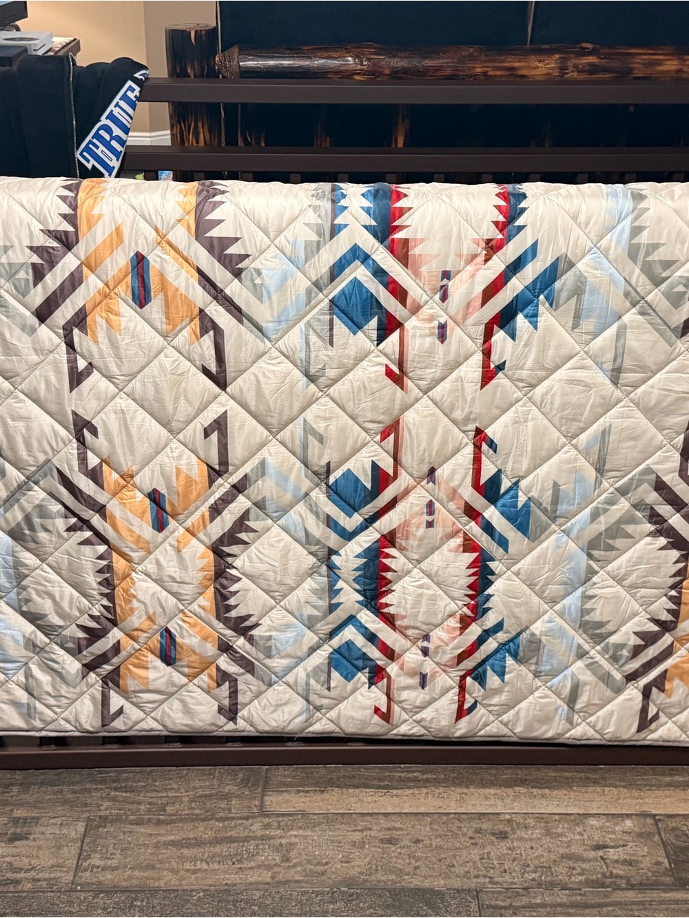 Pendleton White Quilt with Blue, Red, Tan, and Gray Geometric Pattern